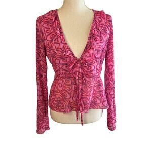 Mesh Coquette Tie V Neck Baby Doll Top Bell Sleeve Ruffle Neckline Pink Purple S